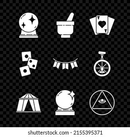 Set Magic ball, mortar and pestle, Playing cards, Circus tent, Masons, Game dice and Carnival garland with flags icon. Vector