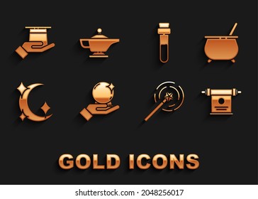 Set Magic ball on hand, Witch cauldron, scroll, wand, Moon stars, Bottle with love potion, Magician hat in and lamp or Aladdin icon. Vector