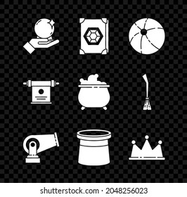 Ponga a mano la bola mágica, el libro de magia antigua, la playa, el cañón, el sombrero mago, la corona, el botón de desplazamiento y el icono de la caldera de Brujas. Vector