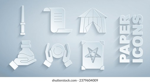 Ponga una bola mágica a mano, una tienda Circus, una botella con poción, un libro de magia antigua y un icono de varita. Vector