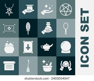 Set Magic ball on hand, mirror, Sparkle stars with magic trick, sword in fire, carpet, Pentagram necklace and Bottle potion icon. Vector