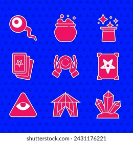 Set Bola mágica en la mano, tienda de circo, piedra, libro de magia antigua, masones, tres cartas de tarot, sombrero e icono de ojo. Vector