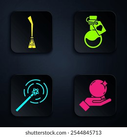Set Magic ball on hand, Witches broom, Magic wand and Bottle with love potion. Black square button. Vector