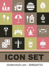 Set Magic ball on table, Picnic with chairs, Classic dart board and arrow, Burger, Sun protective umbrella, Balloons, Bottles and Ice cream in bowl icon. Vector