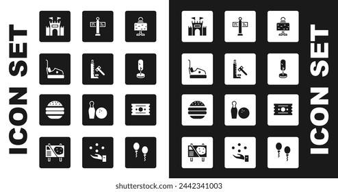 Set Magic ball on table, Striker attraction with hammer, Bumper car, Castle, Tree, Road traffic signpost, Ticket and Burger icon. Vector