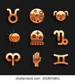 Set Magic ball, Palmistry of the hand, Gemini zodiac, Capricorn, Aries, Eclipse sun, Dog and Taurus icon. Vector