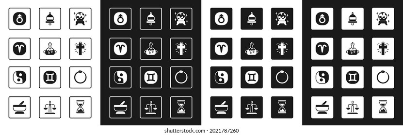 Set Magic ball, Poison in bottle, Aries zodiac, Mars, Christian cross, Ringing alarm bell, Ouroboros and Yin Yang icon. Vector