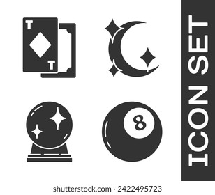 Set Magic ball of predictions, Playing cards, Magic ball and Moon and stars icon. Vector