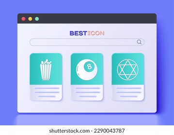 Set Magic ball of predictions, Popcorn in box and Star of David icon. Vector