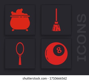 Set Magic ball of predictions, Witch cauldron, Witches broom and Magic hand mirror icon. Vector