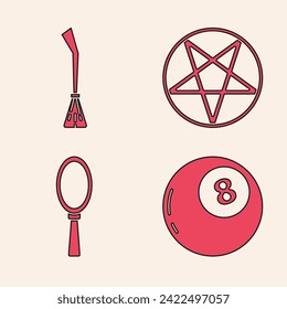 Establece bola mágica de predicciones, escoba de brujas, pentagrama en círculo y icono de espejo de mano mágica. Vector