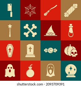Fijar bola mágica, calabaza y cráneo, botella con poción, escoba de brujas, huesos cruzados, varita, helicóptero de carne y icono de sombrero. Vector
