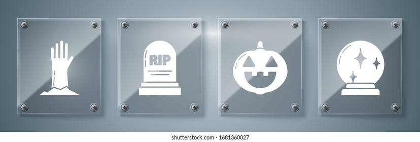 Set Magic ball , Pumpkin , Tombstone with RIP and Zombie hand . Square glass panels. Vector