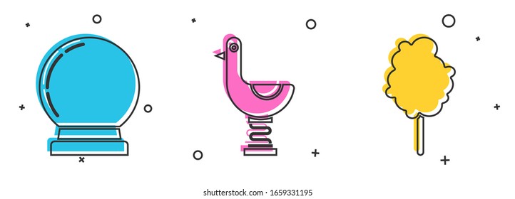 Set Magic ball, Riding kid duck and Cotton candy icon. Vector