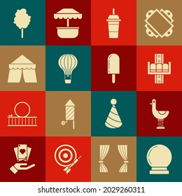 Set Magic ball, Riding kid duck, Attraction carousel, Paper glass with drinking straw and water, Hot air balloon, Circus tent, Cotton candy and Ice cream icon. Vector