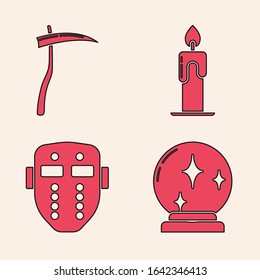 Set Magic ball , Scythe , Burning candle  and Hockey mask  icon. Vector