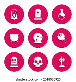 Set Magic ball, Skull, Tombstone with cross, Eye, RIP, Halloween witch cauldron, Bottle potion and Funny and scary ghost mask for icon. Vector
