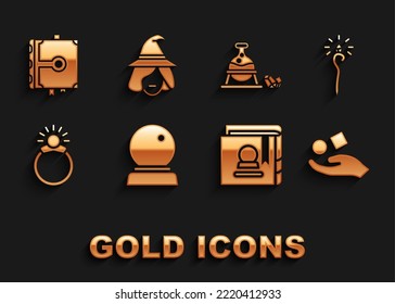 Set Magic ball, staff, Cube levitating above hand, Ancient magic book, stone ring with gem, Witch cauldron,  and  icon. Vector