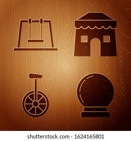 Set Magic ball, Swing, Unicycle or one wheel bicycle and Circus tent on wooden background. Vector
