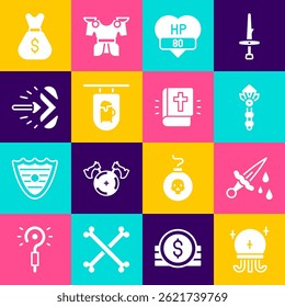 Video Bola mágica, espada con sangre, varita, barra de juego, barra de letrero de la calle, flecha, bolso viejo del dinero e icono sagrado del libro de la biblia. Vector