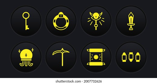 Fijar bola mágica, espada para juego, Pickaxe, Decreto, pergamino, pergamino, pergamino, personal, anillo de piedra, icono de la bala y la tecla antigua. Vector
