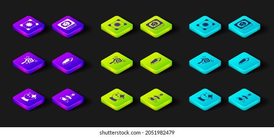 Set Magic ball, Sword in the stone, staff, Tarot cards and Ancient magic book icon. Vector