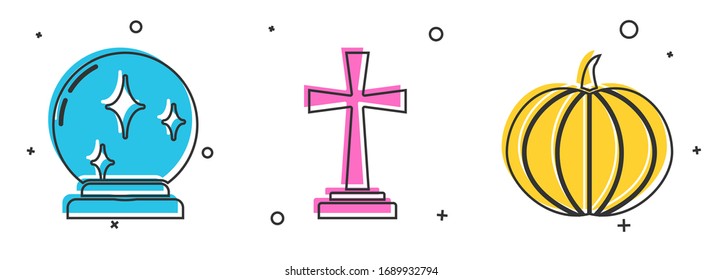 Set Magic ball , Tombstone with cross  and Pumpkin  icon. Vector