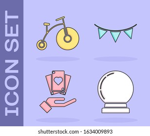 Set Magic ball, Vintage bicycle with one big wheel and one small, Hand holding playing cards and Carnival garland with flags icon. Vector