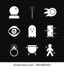 Set Magic ball, wand, Fireball, stone ring with gem, Witch cauldron, Voodoo doll, Hypnosis and Ghost icon. Vector