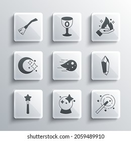 Set Magic ball, wand, stone, Fireball, Moon stars, Witches broom and Hand holding fire icon. Vector