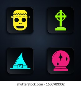 Zauberkugel setzen , Zombie Maske , Hexenhut und Tombstone mit Kreuz . Schwarze Quadrat-Taste. Vektorillustration