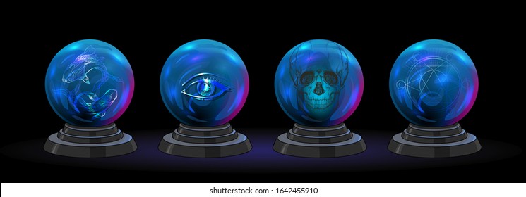 Set of magic balls with different mystic images. Elements for design. Colored vector illustration..