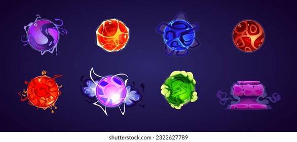 Un conjunto de bolas mágicas con un soporte de piedra. Efectos visuales de la magia. Efectos futuristas claros, efectos de energía coloridos, superficie brillante, rayos de plasma, humo. Fantasía, Sci-fi, ilustración de dibujos vectoriales.