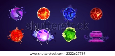 A set of magic balls with a stone stand. Visual effects of magic. Light futuristic effects, colorful energy effects, glossy surface, plasma rays, smoke. Fantasy, Sci-fi, vector cartoon illustration.