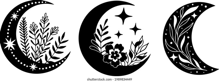 Set of magic black moons with stars and flowers on white background.