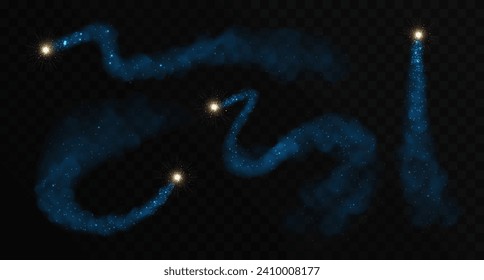 Set of Magic blue glowing shiny trails isolated on black transparent background. Vector illustration