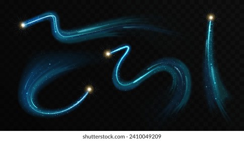 Set of Magic blue glowing shiny trails isolated on black transparent background. Vector illustration