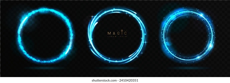 Set of Magic blue glowing shiny trails or circles isolated on black transparent background. Vector illustration