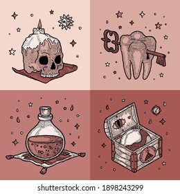 Set of Magic Boho Elements on Vintage Background. Sacred Object. Chest with Masonic Symbol, Tooth with Key, Glass Bottle of Potion, Human Skull. Greeting Card for All Saints Day, Halloween, Party