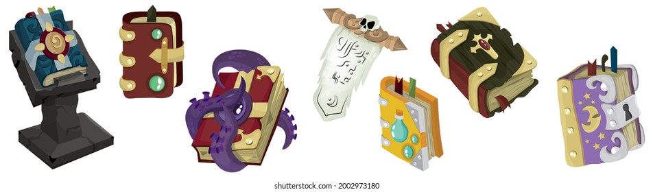 A Set Of Magic Books. Witchcraft. Vector Illustration For Fairy Tales, Games, Icons. A Magic Spell. Isolated 3d Vector Illustration. Occult Objects For Mystical Rituals. A Mystical Object. The Scroll.