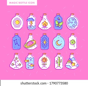 Set for magic bottle icons. Witchcraft potion and poison. Inside space, cactus, sun, plant, constellation, lightning, air, sunflower, clover, bonfire, fish, butterflies. Outline vector illustration. 