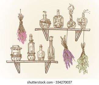 Set of magic bottles and cans on the shelves of potions and magic liquids for cooking or kitchen design with dried flowers    