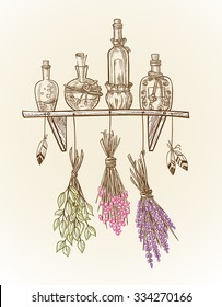 Set of magic bottles and cans on the shelf with potions and liquids to the magic of cooking or kitchen design with dried flowers and feathers    