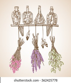 Set of magic bottles and cans on the shelf with potions and liquids to the magic of cooking or kitchen design with dried flowers and feathers   