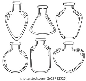 Conjunto de garrafas mágicas de diferentes formas. desenho de linhas vetoriais
