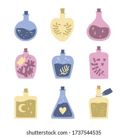 Set of magic bottles. Isolated elixirs collection. Vector illustration.