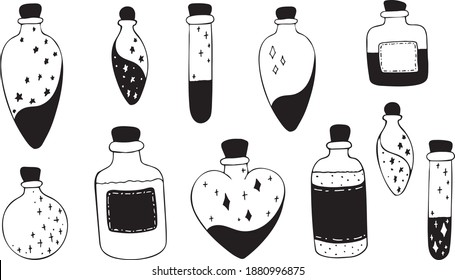 Set of magic bottles isolated on a white background. Collection of bottles with potions or perfume. Vector illustration