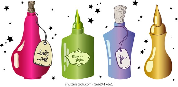 Set of magic bottles, isoleted elements on white