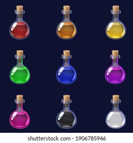 Set of magic Bottles liquid potion fantasy elixir. Game icon GUI for app games user interface. Vector illstration isolated cartoon style on dark background