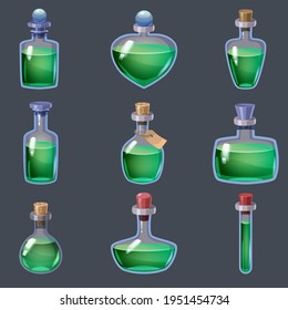 Set of magic Bottles liquid potion fantasy elixir. Game icon GUI for app games user interface. Vector illstration isolated cartoon style on grey background